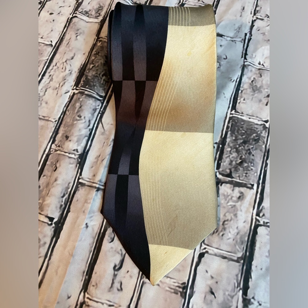 Zylos George Machado Necktie Silk Tie Black Gold Geometric 60” Long  4” Wide
